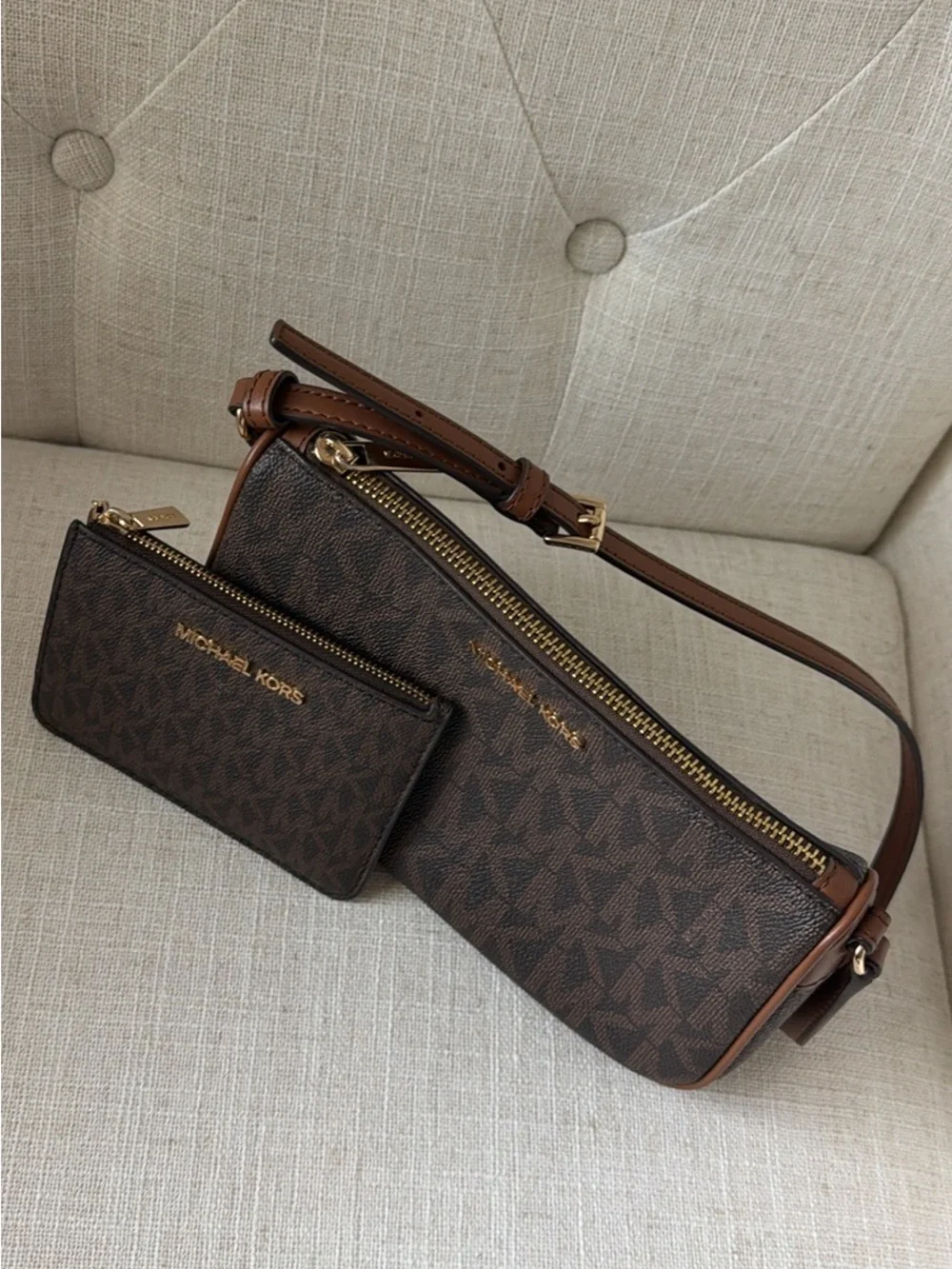 Michael Kors Brown Monogram Double Pouch Crossbody Set